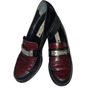 Brighton Diane Made in Italy Leather Croc Detail Black Maroon Loafers Size 8.5